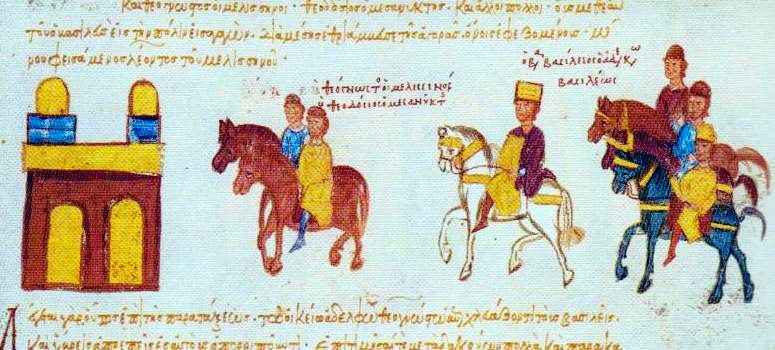 Тријумф византијског цара Василија II Бугароубице на форуму у Цариграду, илустрација из Мадридског Скилице. Фотографија је преузета са Википедије.