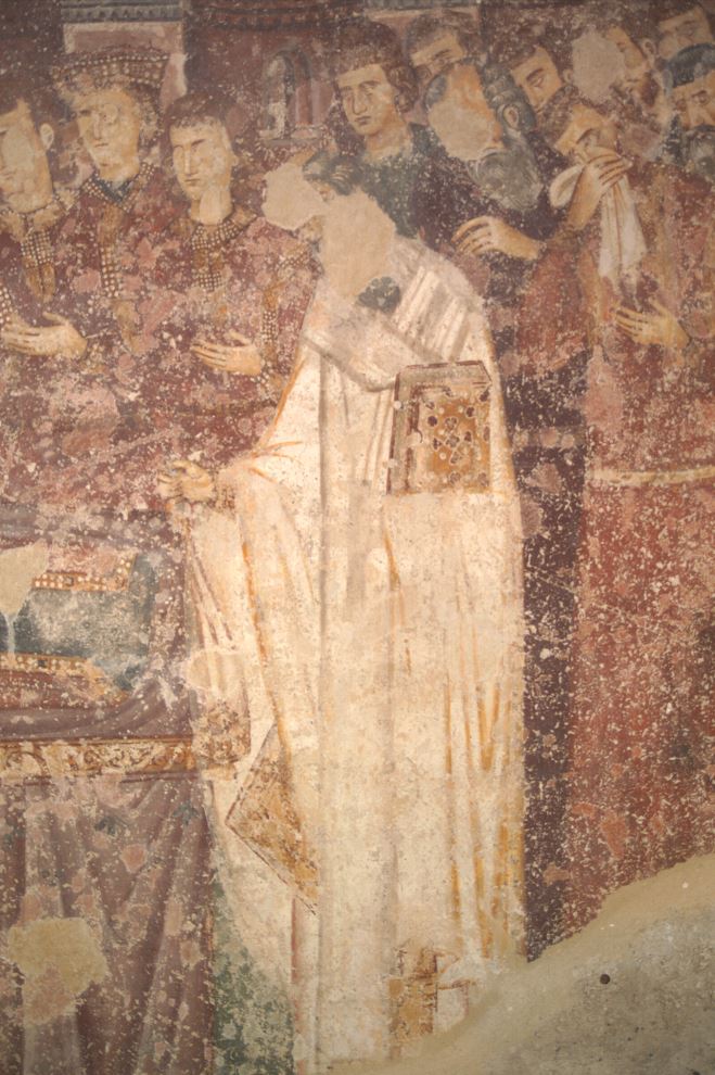 Принц Драгутин, краљица Јелена, принц Милутин, рашки епископ и дворјани на фресци „Смрт Ане Дандоло“ у Цркви Свете Тројице Манастира Сопоћани. Фотографија је власништво Фонда Благо.