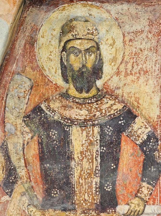 Краљ Марко на ктиторској композицији у Цркви Светог Димитрија у Марковом манастиру (Маркова Сушица, Република Северна Македонија). Аутор фотографије је Петар Нешић. Фотографија је власништво портала Српска средњовековна историја.