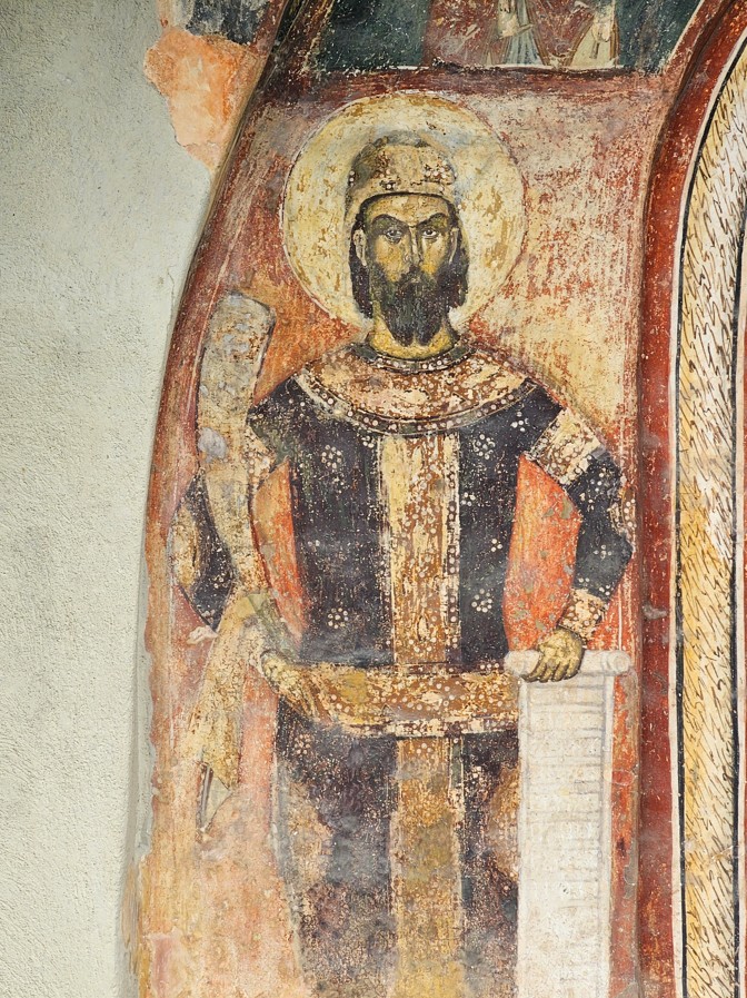 Краљ Марко на ктиторској композицији у Цркви Светог Димитрија у Марковом манастиру (Маркова Сушица, Република Северна Македонија). Аутор фотографије је Петар Нешић. Фотографија је власништво портала Српска средњовековна историја.