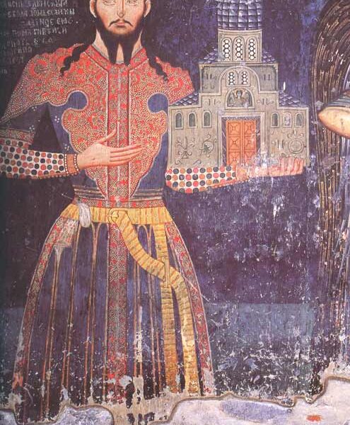 Деспот Јован Оливер на ктиторској композицији у својој задужбини Манастиру Леснову. Фотографија је преузета са Википедије.